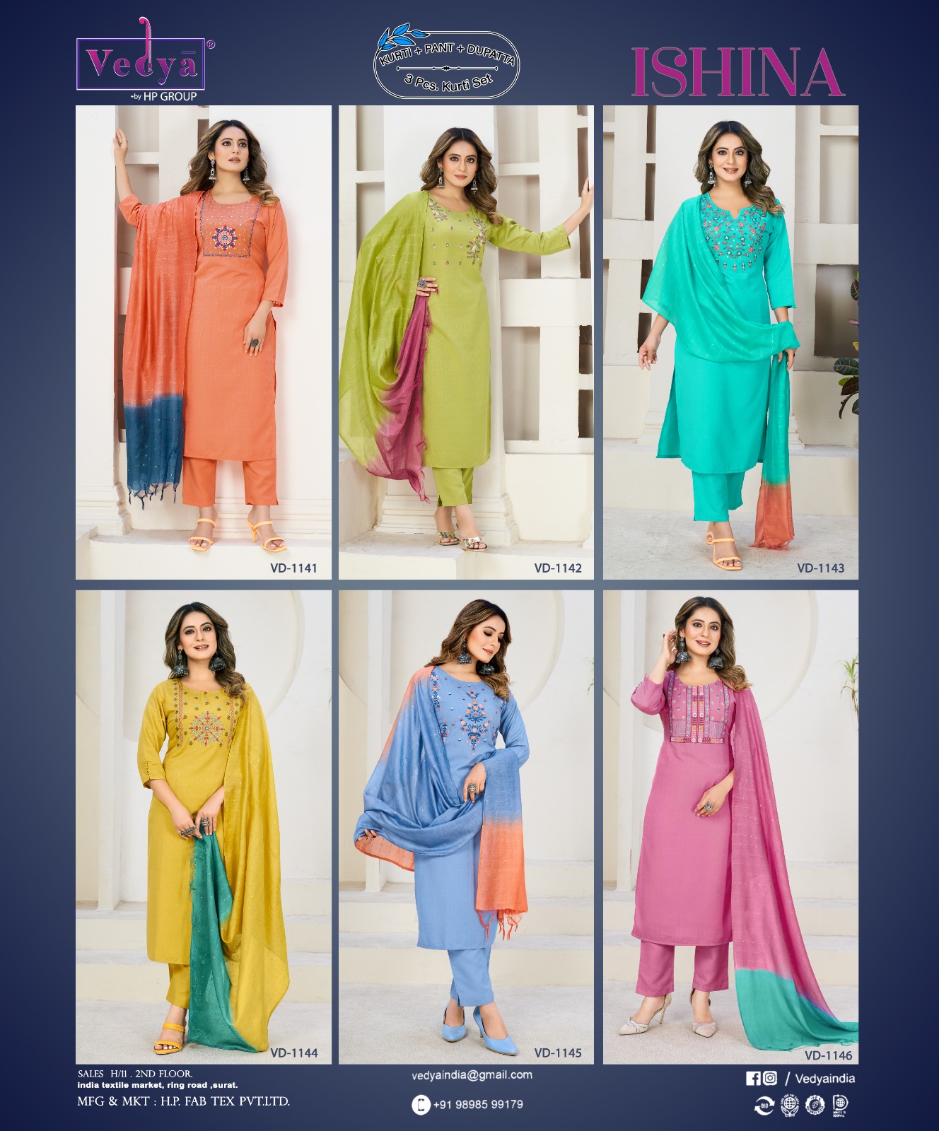 VEDYA PRESENT ISHINA FANCY WORK KURTI WITH PANT AND VISCOSE DUPATTA CATALOG