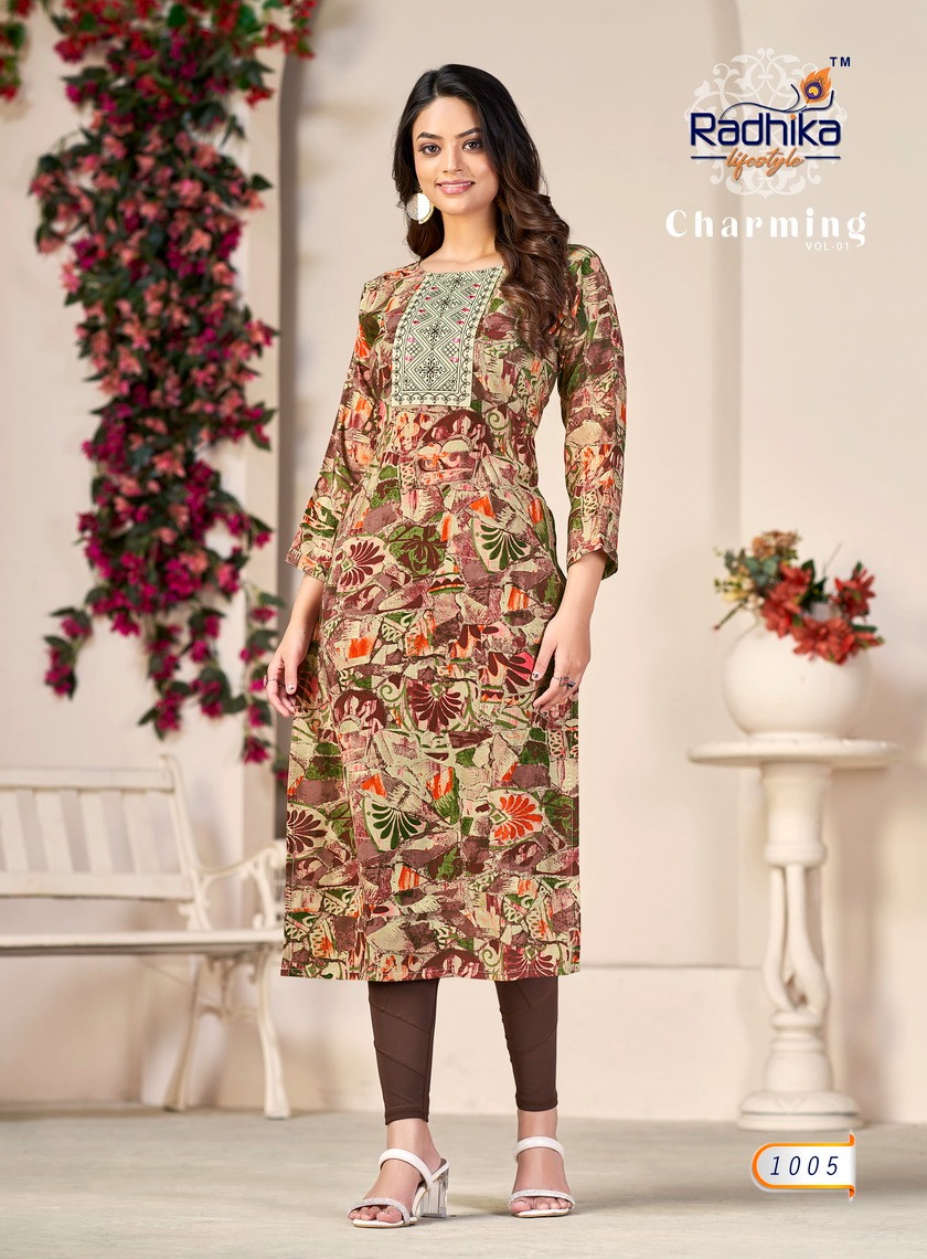 Radhika Charming Vol-1 Wholesale Modal Chanderi With Mirror Work Long Kurtis