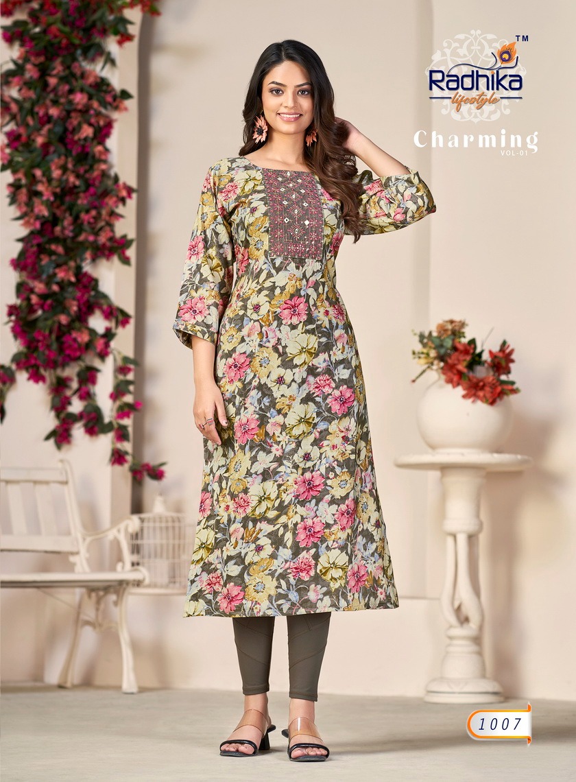 Radhika Charming Vol-1 Wholesale Modal Chanderi With Mirror Work Long Kurtis
