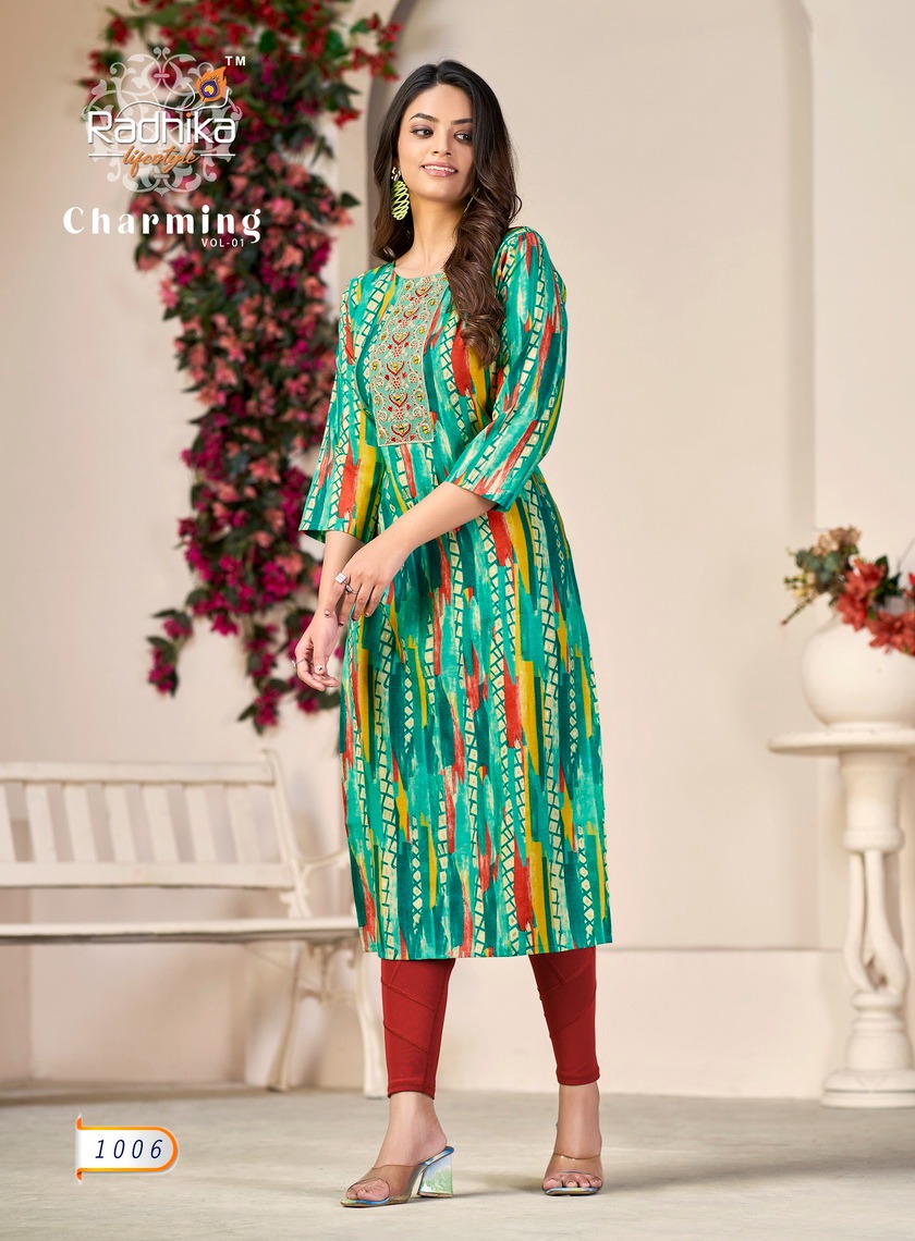 Radhika Charming Vol-1 Wholesale Modal Chanderi With Mirror Work Long Kurtis