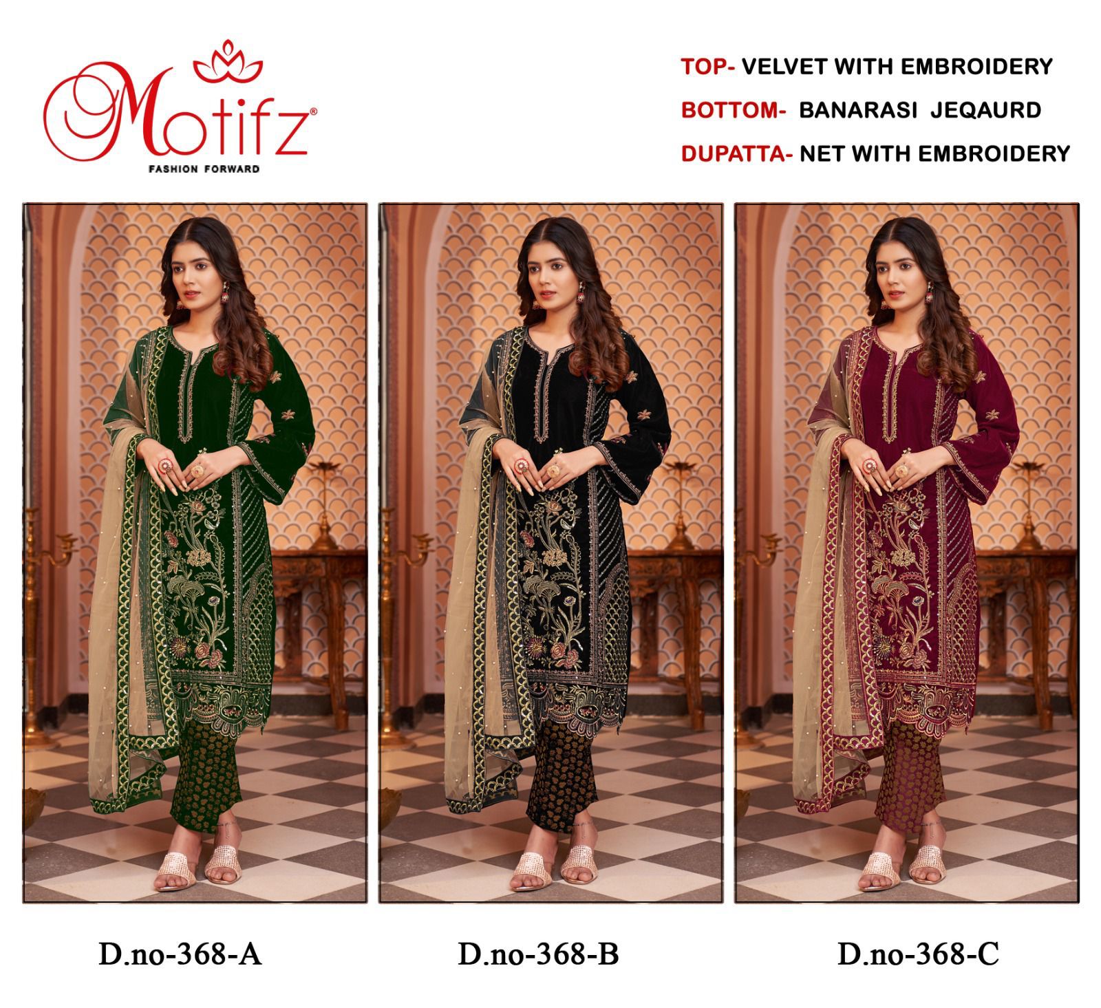 Motifz D.no 368 Wholesale Velvet With Embroidery pakistani Suits