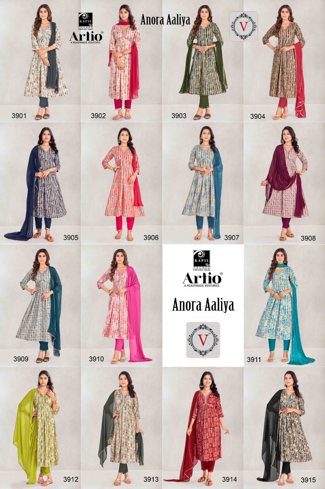 Artio Anora Aaliya Wholesale Aliya Cut Kurtis With Pant And Dupatta