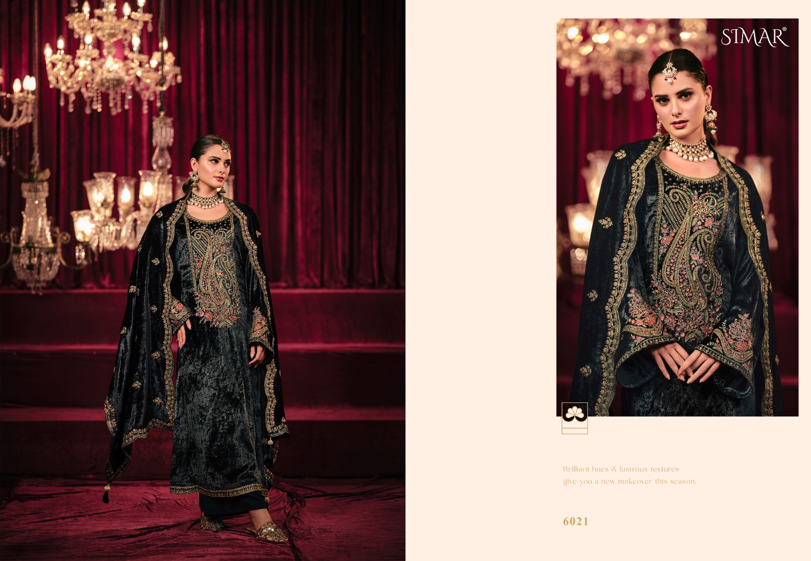 Glossy Simar Mausam E Bahaar Wholesale Pure Viscose Velvet Embroidery Work Winter Salwar Suits