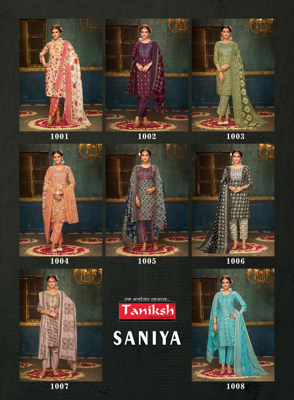Taniksh Saniya Vol-1 Wholesale Embroidery Skivans Work Tops With Pants And Dupatta