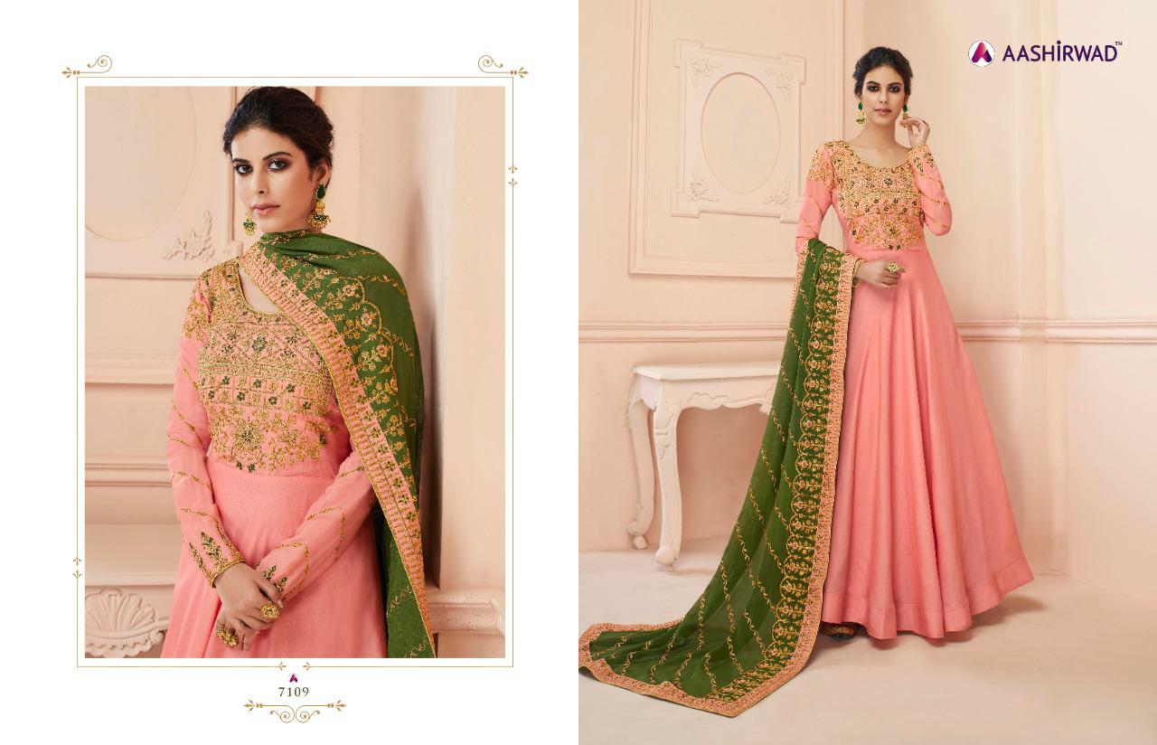 AASHIRWAD MISTY TUSSAR SILK WITH EMBROIDERY GOWN STYLE LONG SUITS COLLECTION