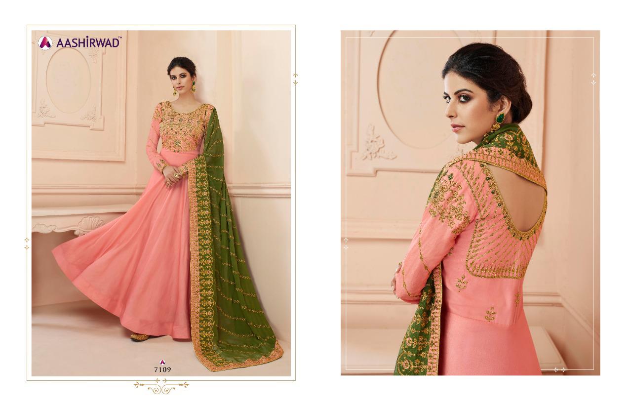 AASHIRWAD MISTY TUSSAR SILK WITH EMBROIDERY GOWN STYLE LONG SUITS COLLECTION