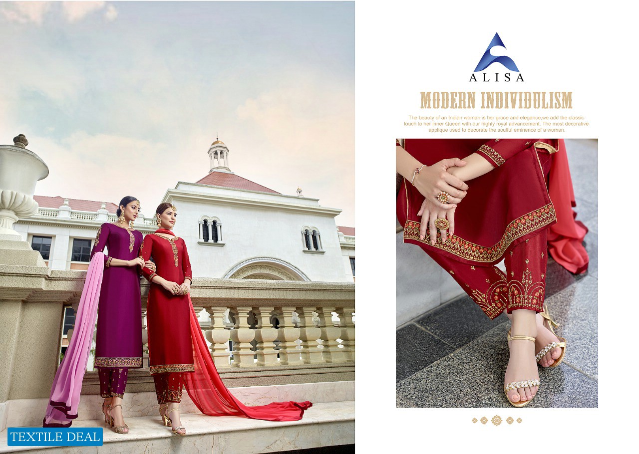 ALISA LAUNCH ZARIN SATIN GEORGETTE LONG SUIT WHOLESALER IN SURAT