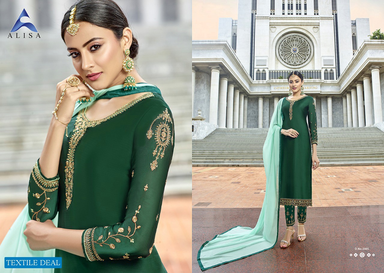 ALISA LAUNCH ZARIN SATIN GEORGETTE LONG SUIT WHOLESALER IN SURAT