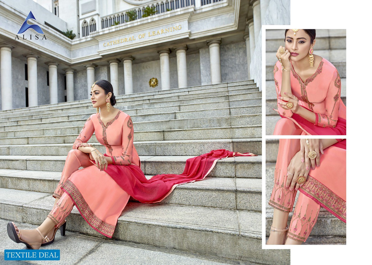 ALISA LAUNCH ZARIN SATIN GEORGETTE LONG SUIT WHOLESALER IN SURAT