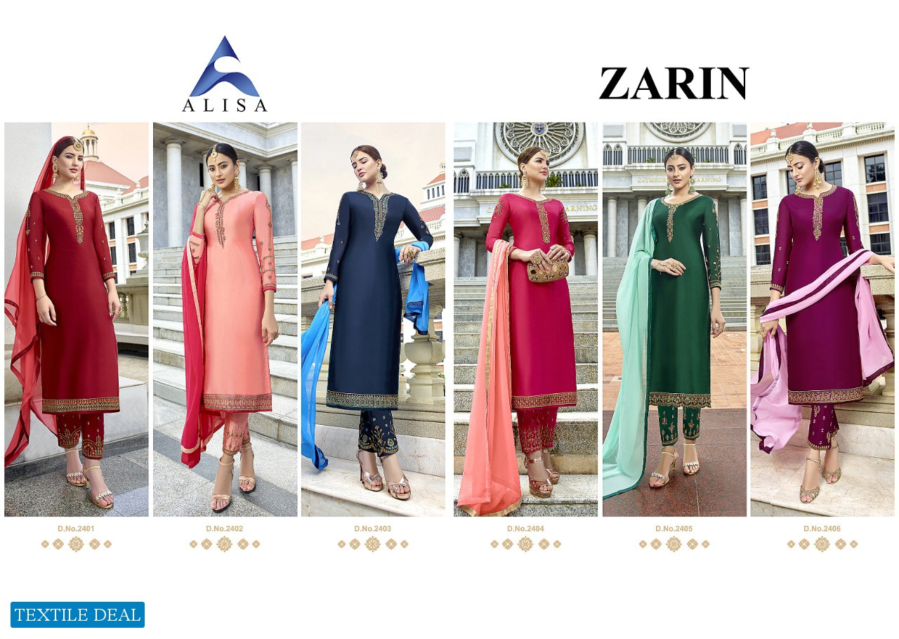 ALISA LAUNCH ZARIN SATIN GEORGETTE LONG SUIT WHOLESALER IN SURAT