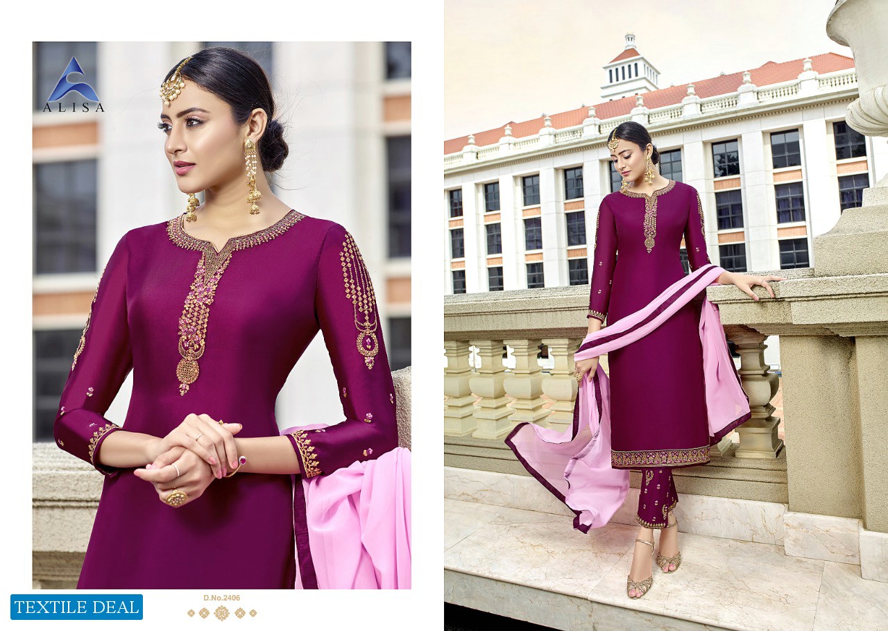 ALISA LAUNCH ZARIN SATIN GEORGETTE LONG SUIT WHOLESALER IN SURAT