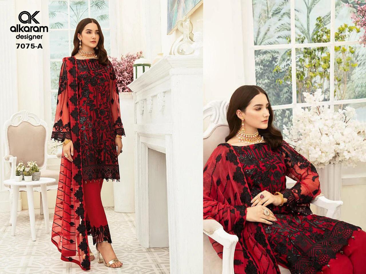 ALKARAM LAUNCH 7075 SERIES VOL 12 HEAVY NET WITH EMBROIDERY PARTY WEAR SUITS