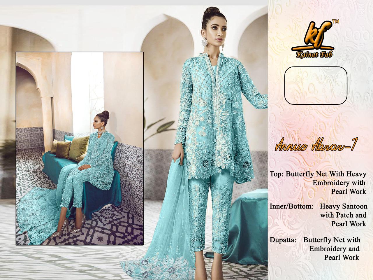 ANNUS ABRAR VOL 1 BY KAINAT FAB BUTTERFLY NET WITH HEAVY EMBROIDERY WORK SALWAR SUITS