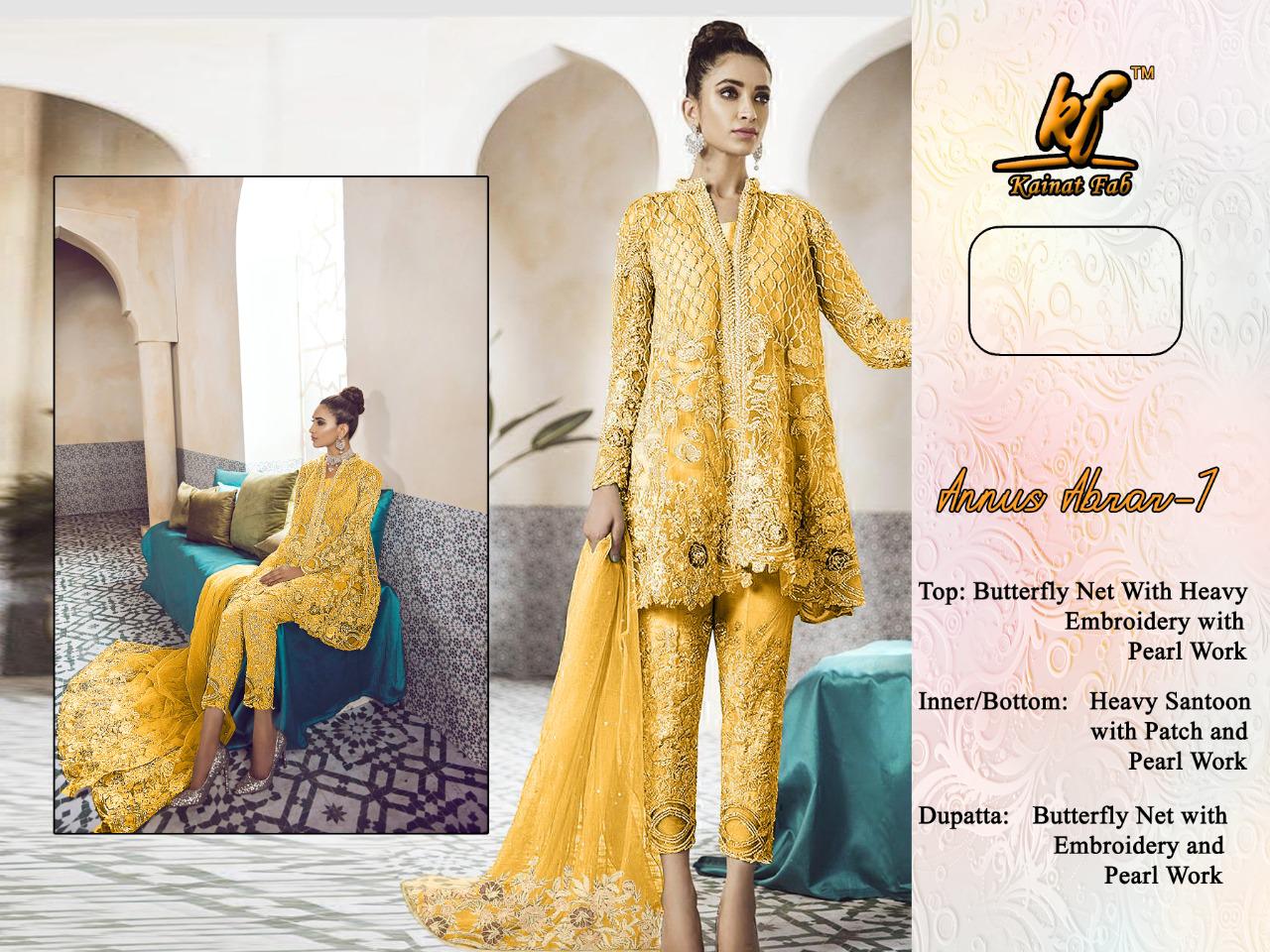 ANNUS ABRAR VOL 1 BY KAINAT FAB BUTTERFLY NET WITH HEAVY EMBROIDERY WORK SALWAR SUITS