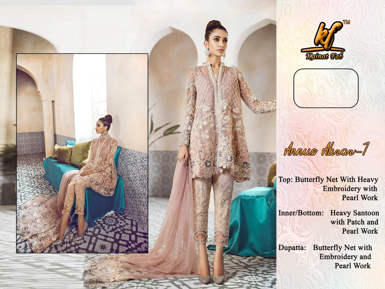 ANNUS ABRAR VOL 1 BY KAINAT FAB BUTTERFLY NET WITH HEAVY EMBROIDERY WORK SALWAR SUITS