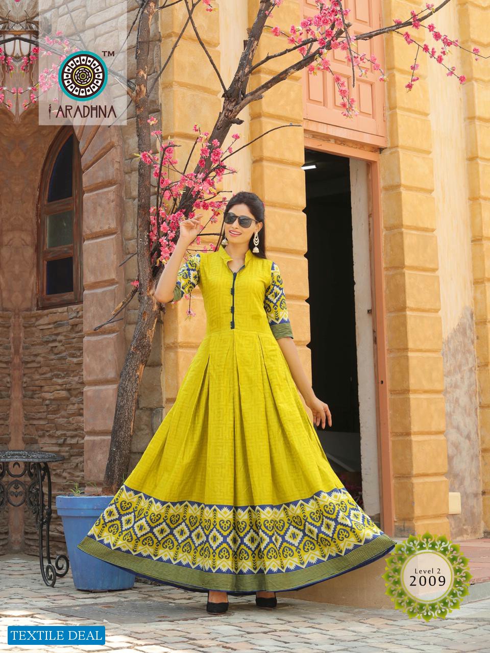 ARADHANA PRESENTS LEVEL VOL 2 COTTON PRINT WITH WORK LONG FESTIVAL WEAR KURTI COLLECTIONS