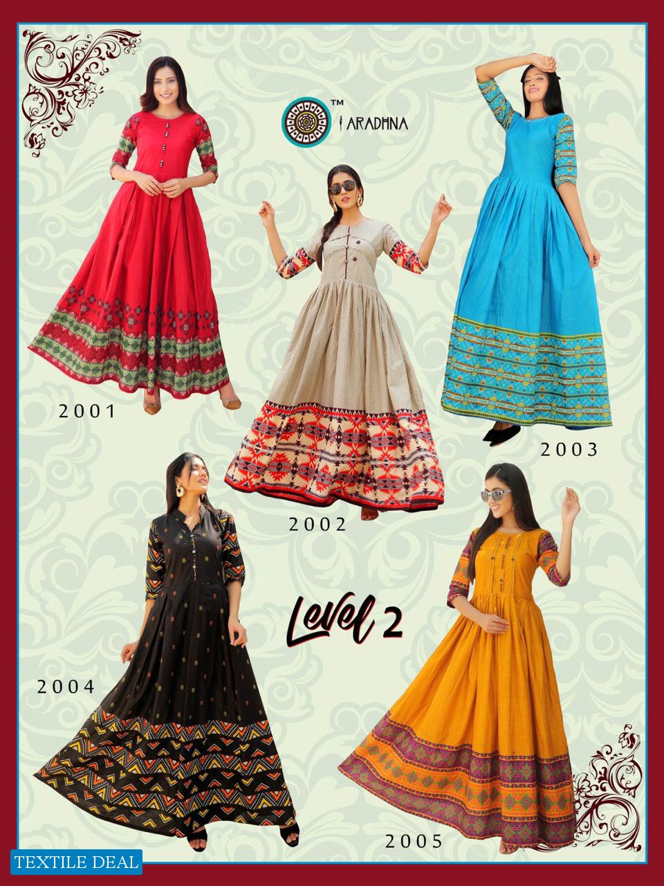 ARADHANA PRESENTS LEVEL VOL 2 COTTON PRINT WITH WORK LONG FESTIVAL WEAR KURTI COLLECTIONS