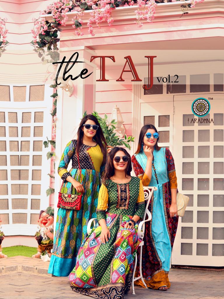 ARADHNA TAJ VOL 2 RAYON PARTY WEAR LONG ANARKALI GOWN KURTI COLLECTION