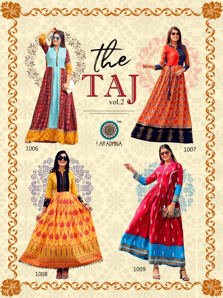 ARADHNA TAJ VOL 2 RAYON PARTY WEAR LONG ANARKALI GOWN KURTI COLLECTION