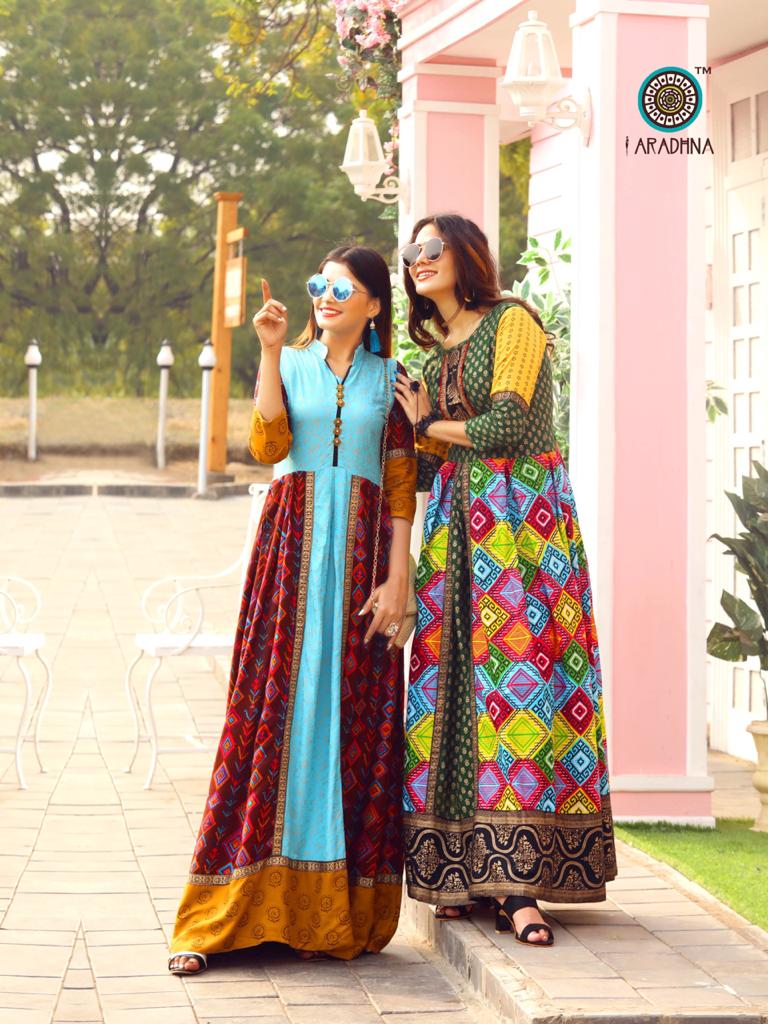 ARADHNA TAJ VOL 2 RAYON PARTY WEAR LONG ANARKALI GOWN KURTI COLLECTION