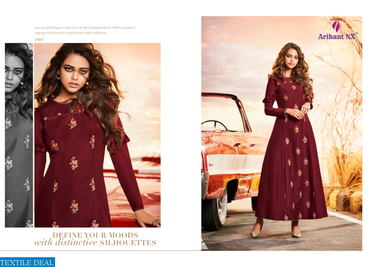 ARIHANT PRESENT IMPRESSIVE MASLIN SILK 1001-1008 SERIES LONG GOWN KURTI