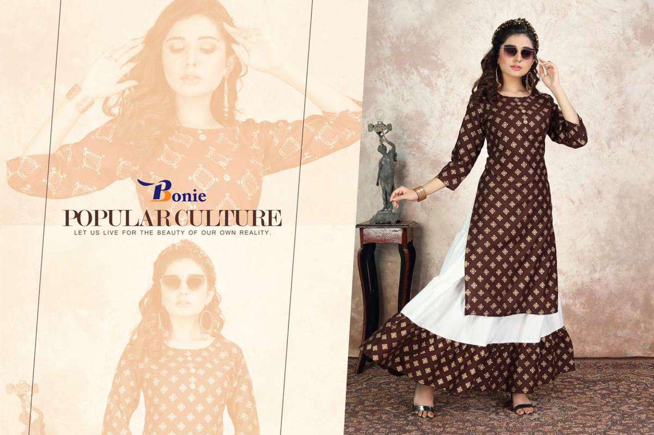 COCKTAIL BY BONIE HEAVY RAYON KURTI WITH SKIRT GOLD FOIL PRINT LONG KURTI CATALOG