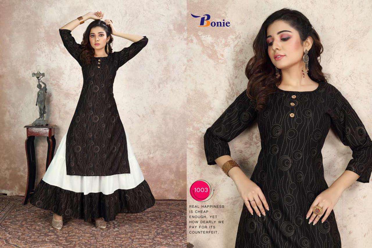 COCKTAIL BY BONIE HEAVY RAYON KURTI WITH SKIRT GOLD FOIL PRINT LONG KURTI CATALOG