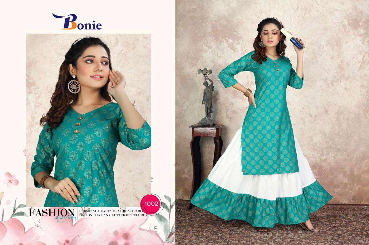 COCKTAIL BY BONIE HEAVY RAYON KURTI WITH SKIRT GOLD FOIL PRINT LONG KURTI CATALOG