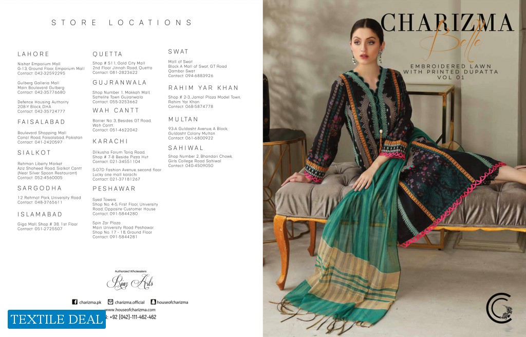 Charizma Belle Embroidered Lawn With Printed Dupatta Vol-1 Wholesale Pakistani Dress