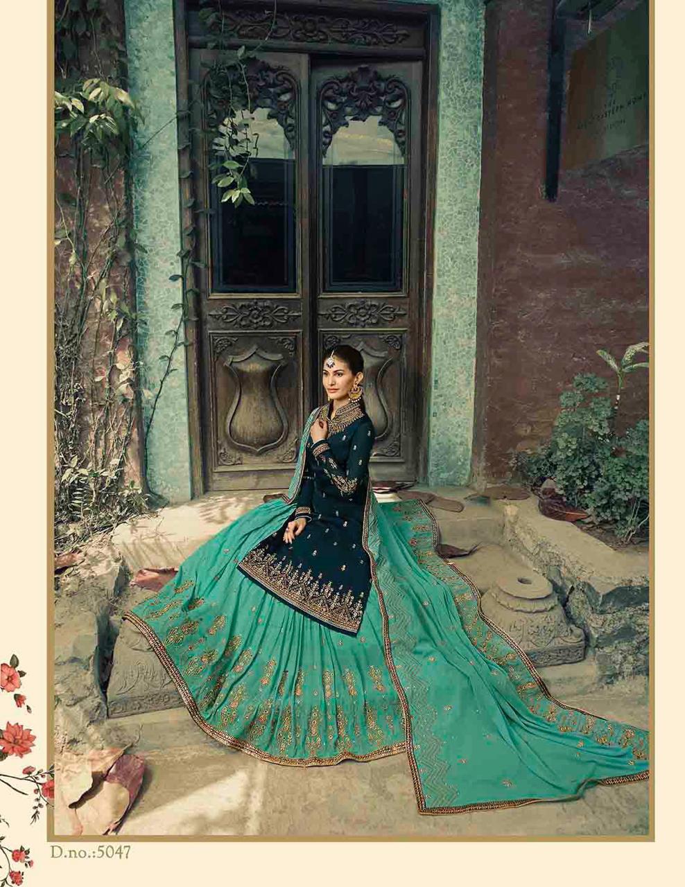 GLOSSY NEISHA SATIN GEORGETTE PARTY WEAR 5040-5047 SERIES SHARARA STYLE SUIT