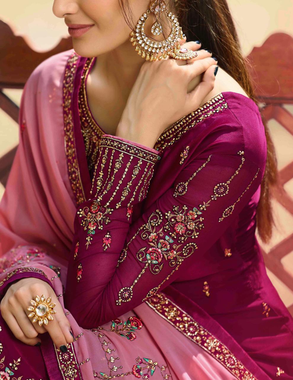 GLOSSY NEISHA SATIN GEORGETTE PARTY WEAR 5040-5047 SERIES SHARARA STYLE SUIT