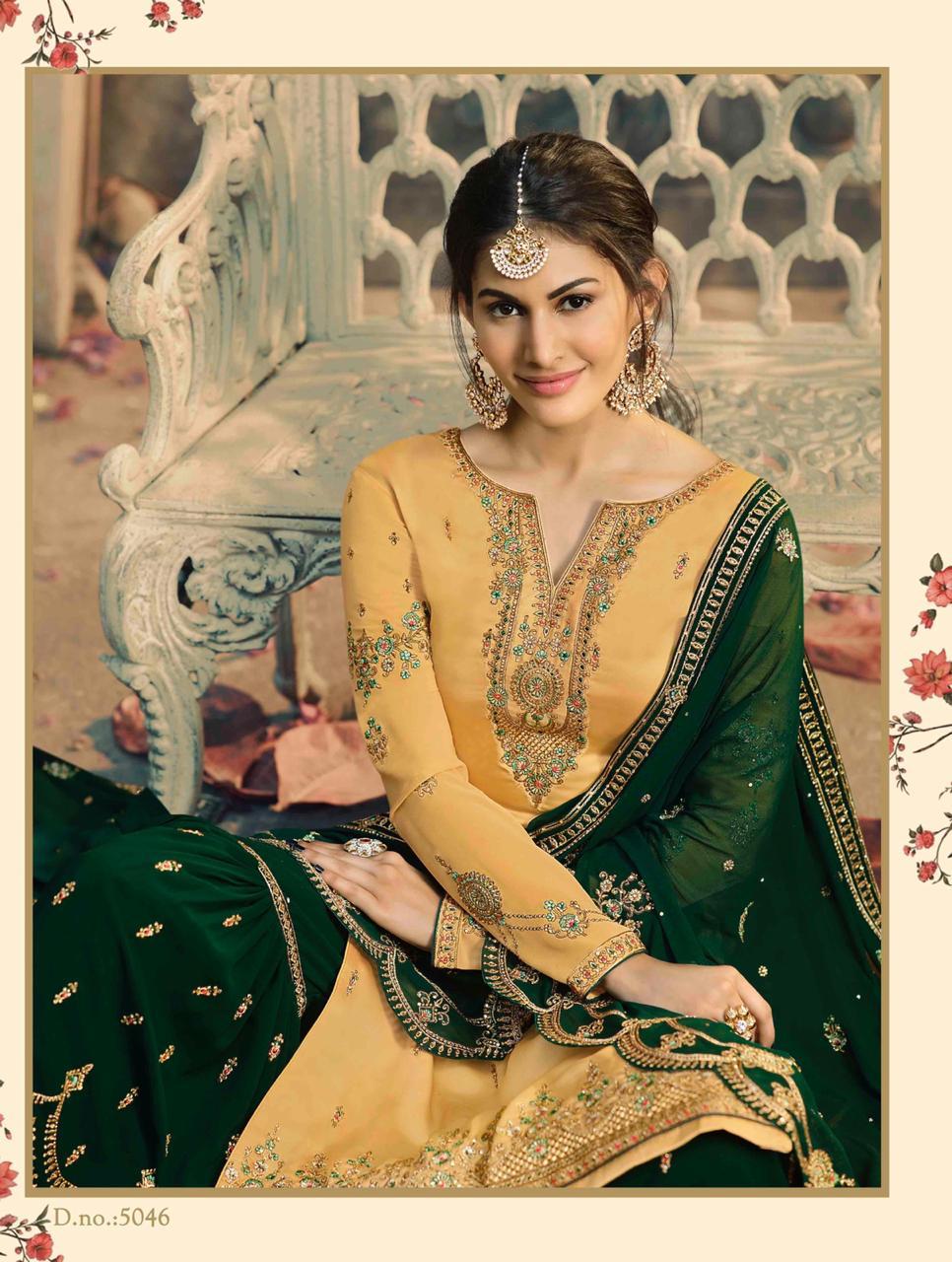 GLOSSY NEISHA SATIN GEORGETTE PARTY WEAR 5040-5047 SERIES SHARARA STYLE SUIT