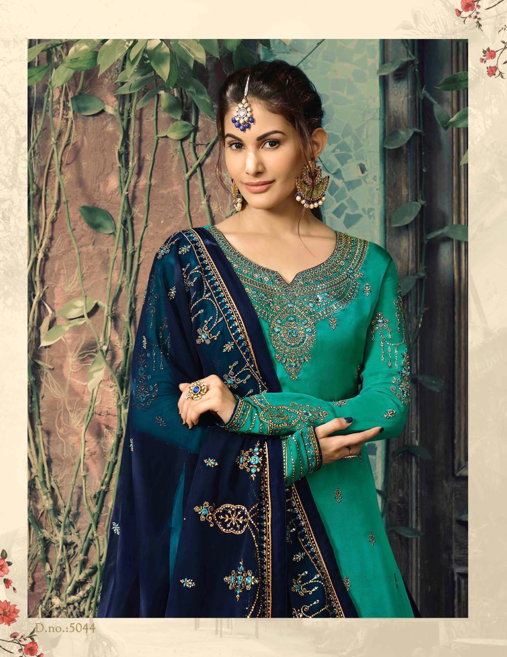 GLOSSY NEISHA SATIN GEORGETTE PARTY WEAR 5040-5047 SERIES SHARARA STYLE SUIT