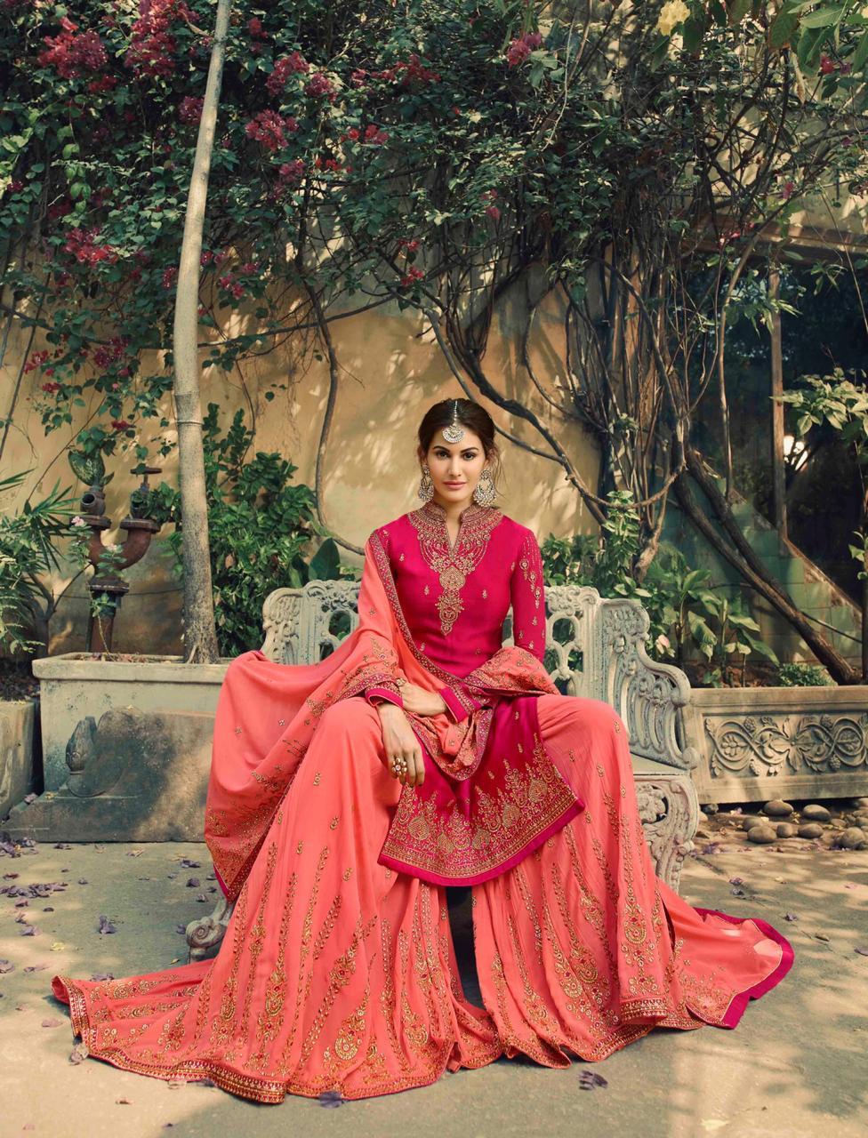 GLOSSY NEISHA SATIN GEORGETTE PARTY WEAR 5040-5047 SERIES SHARARA STYLE SUIT