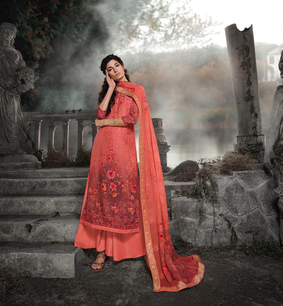 GLOSSY ROYAL TALE BY SIMAR NATURAL CRAPE EMBROIDERY DRESS MATERIALS DESIGNS