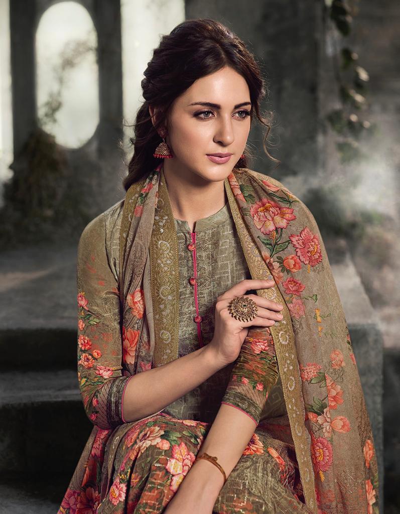 GLOSSY ROYAL TALE BY SIMAR NATURAL CRAPE EMBROIDERY DRESS MATERIALS DESIGNS