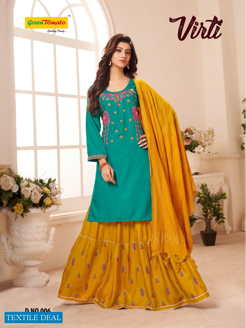 Green Tomato Virti Presenting 3 Piece Set Kurti  With  Work Skirt And  Fancy Dupatta