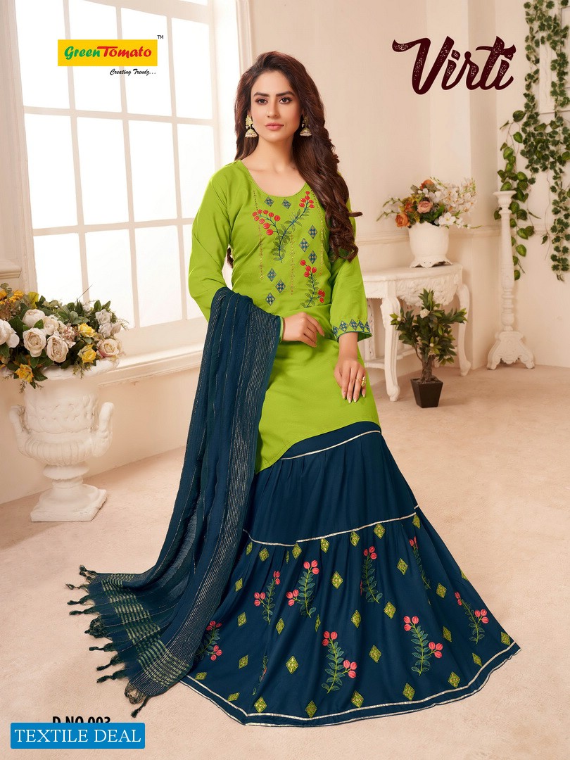 Green Tomato Virti Presenting 3 Piece Set Kurti  With  Work Skirt And  Fancy Dupatta