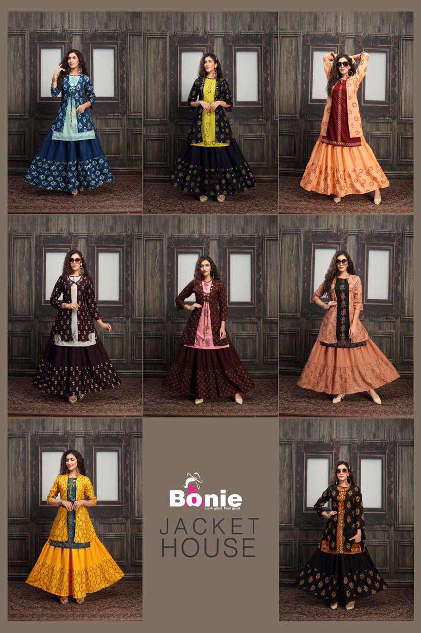 JACKET HOUSE BY BONIE HEAVY RAYON THREE PCS TOP JACKET SKIRT KURTI CATALOG