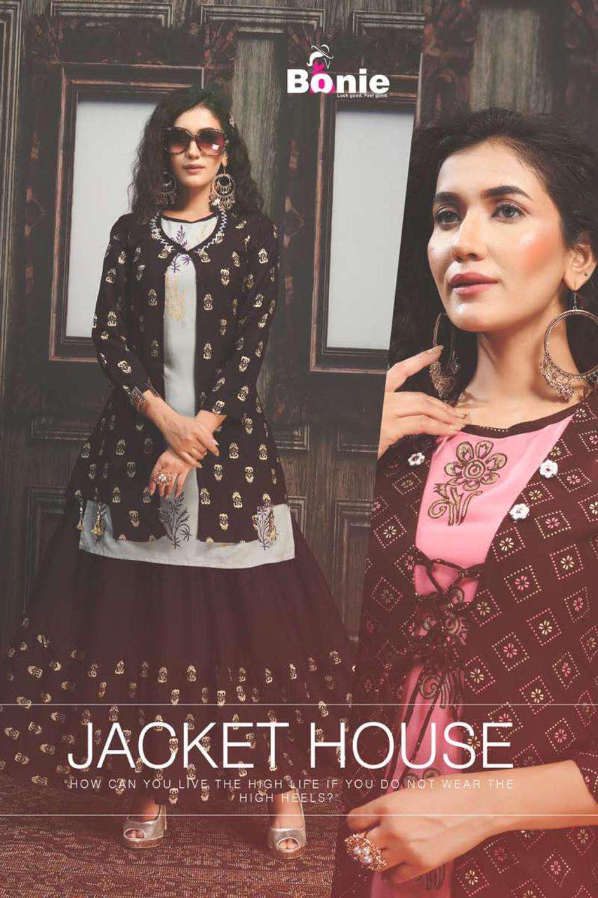 JACKET HOUSE BY BONIE HEAVY RAYON THREE PCS TOP JACKET SKIRT KURTI CATALOG