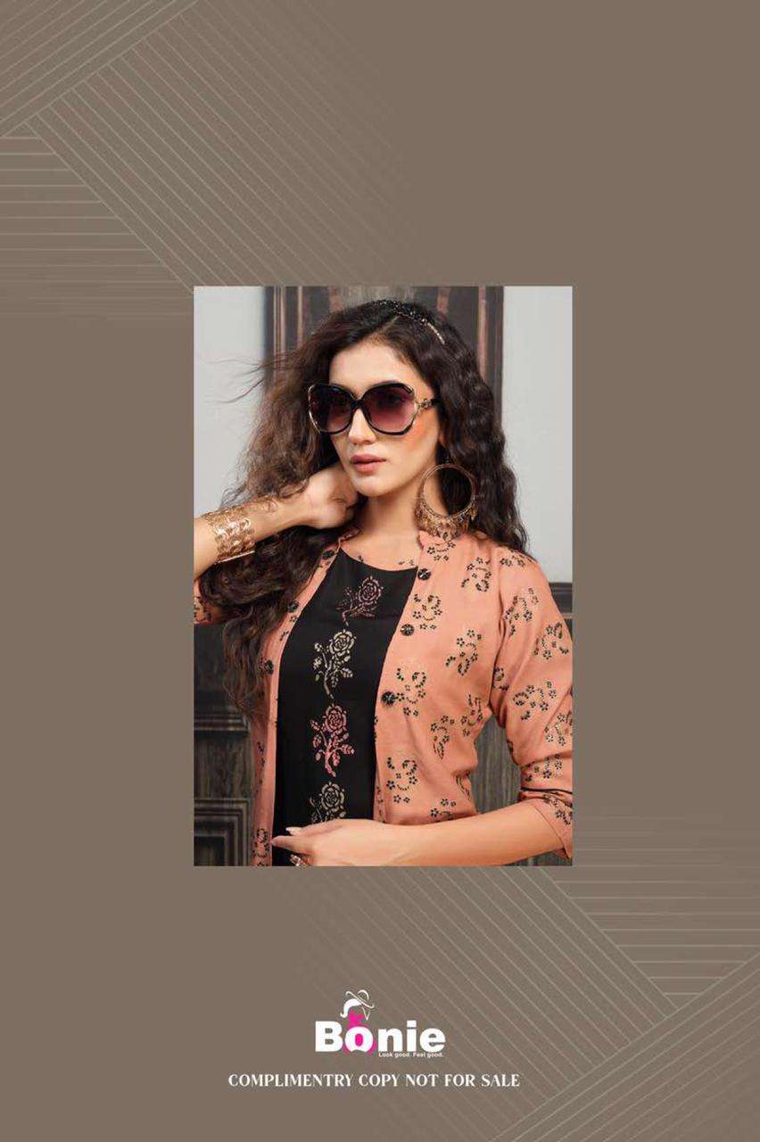 JACKET HOUSE BY BONIE HEAVY RAYON THREE PCS TOP JACKET SKIRT KURTI CATALOG