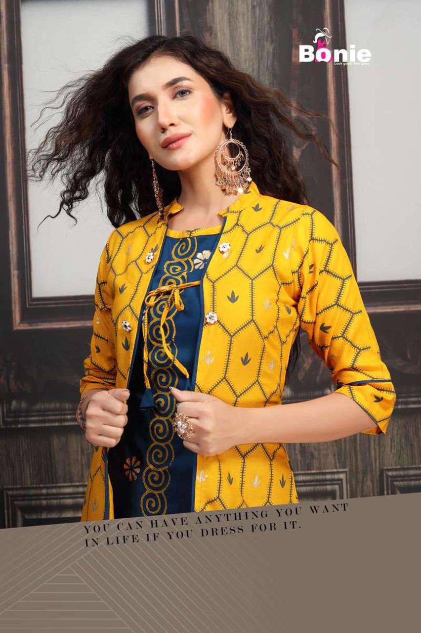 JACKET HOUSE BY BONIE HEAVY RAYON THREE PCS TOP JACKET SKIRT KURTI CATALOG