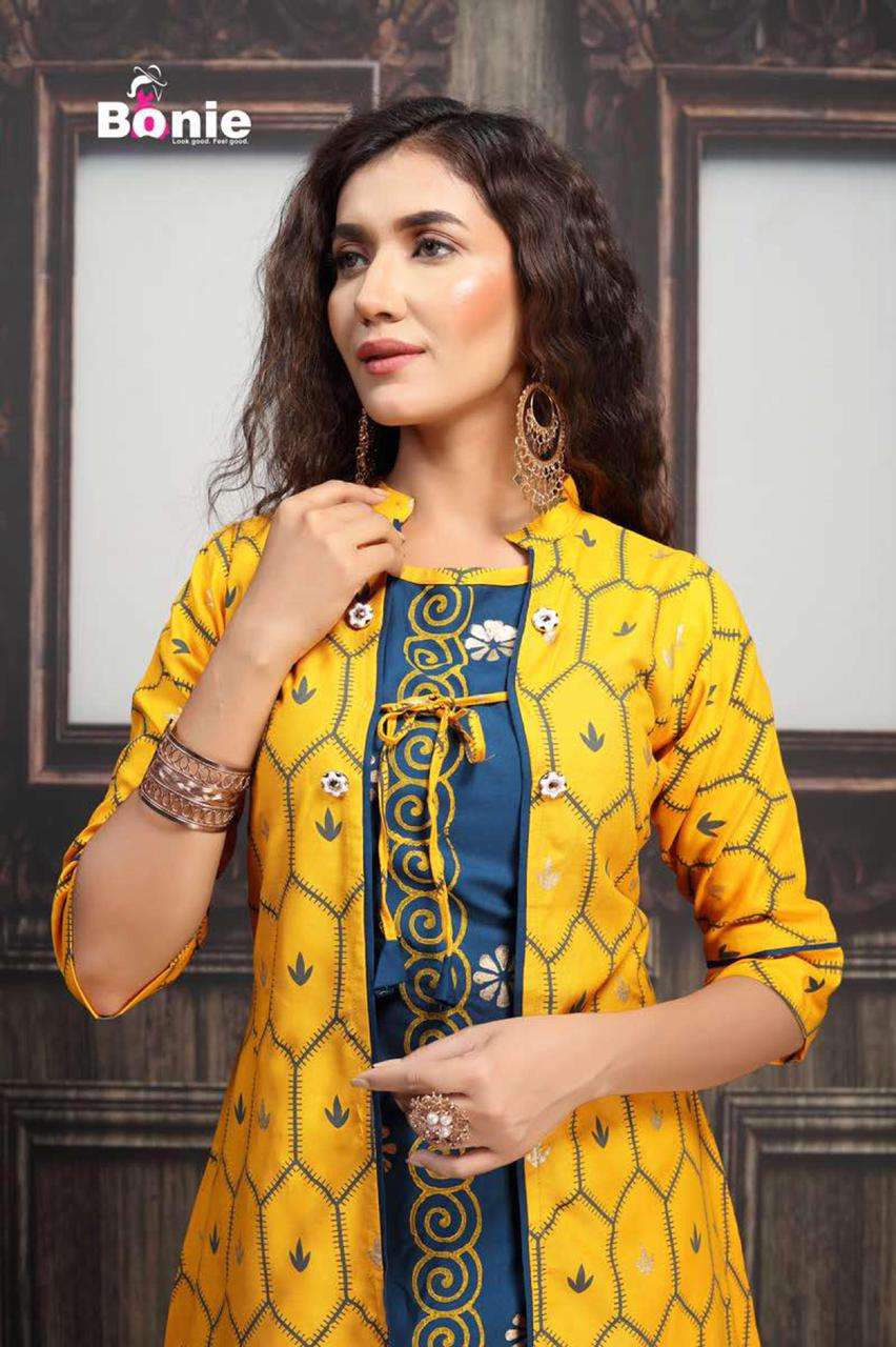 JACKET HOUSE BY BONIE HEAVY RAYON THREE PCS TOP JACKET SKIRT KURTI CATALOG