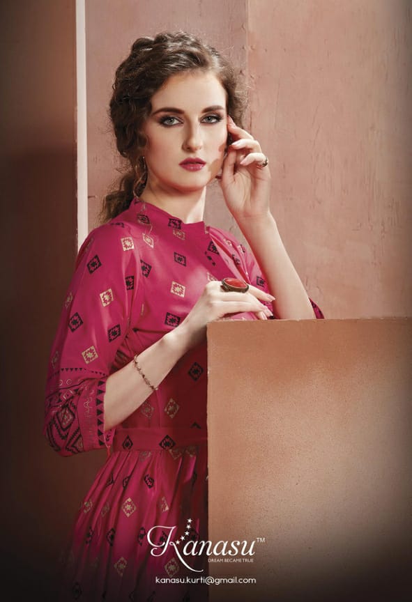 KANASU ELEGANCE VOL 2 RAYON GOLD PRINT LONG STYLE KURTI WHOLESAL IN INDIA