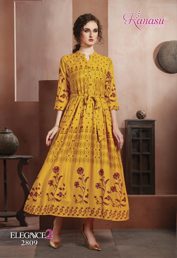 KANASU ELEGANCE VOL 2 RAYON GOLD PRINT LONG STYLE KURTI WHOLESAL IN INDIA