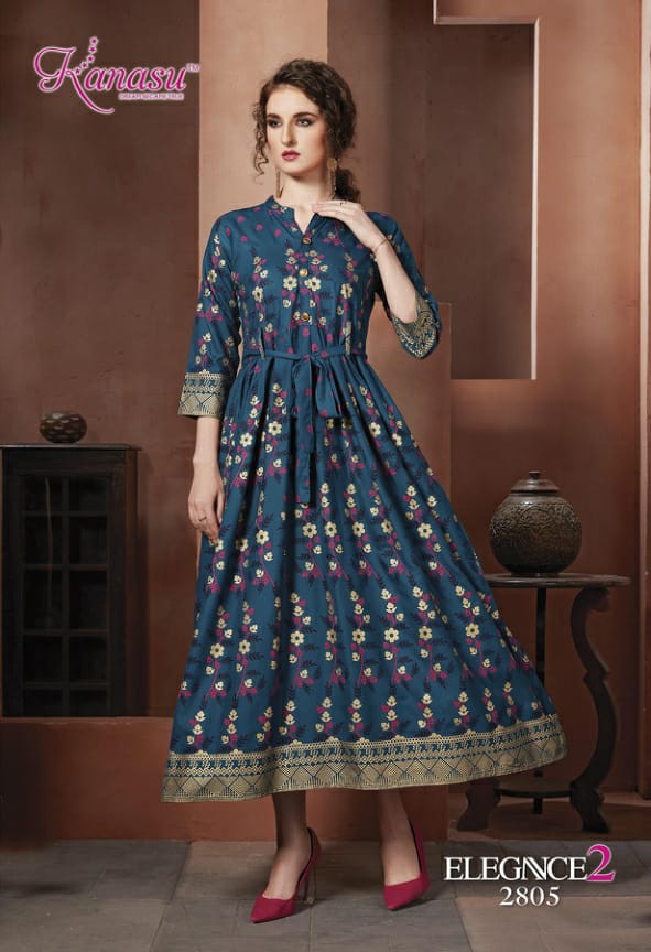KANASU ELEGANCE VOL 2 RAYON GOLD PRINT LONG STYLE KURTI WHOLESAL IN INDIA