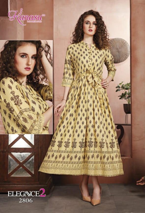 KANASU ELEGANCE VOL 2 RAYON GOLD PRINT LONG STYLE KURTI WHOLESAL IN INDIA