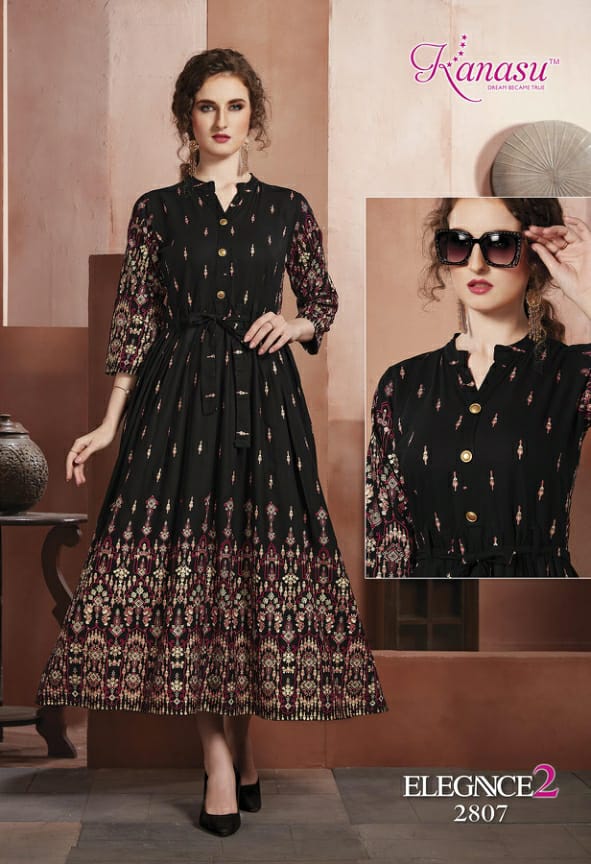 KANASU ELEGANCE VOL 2 RAYON GOLD PRINT LONG STYLE KURTI WHOLESAL IN INDIA