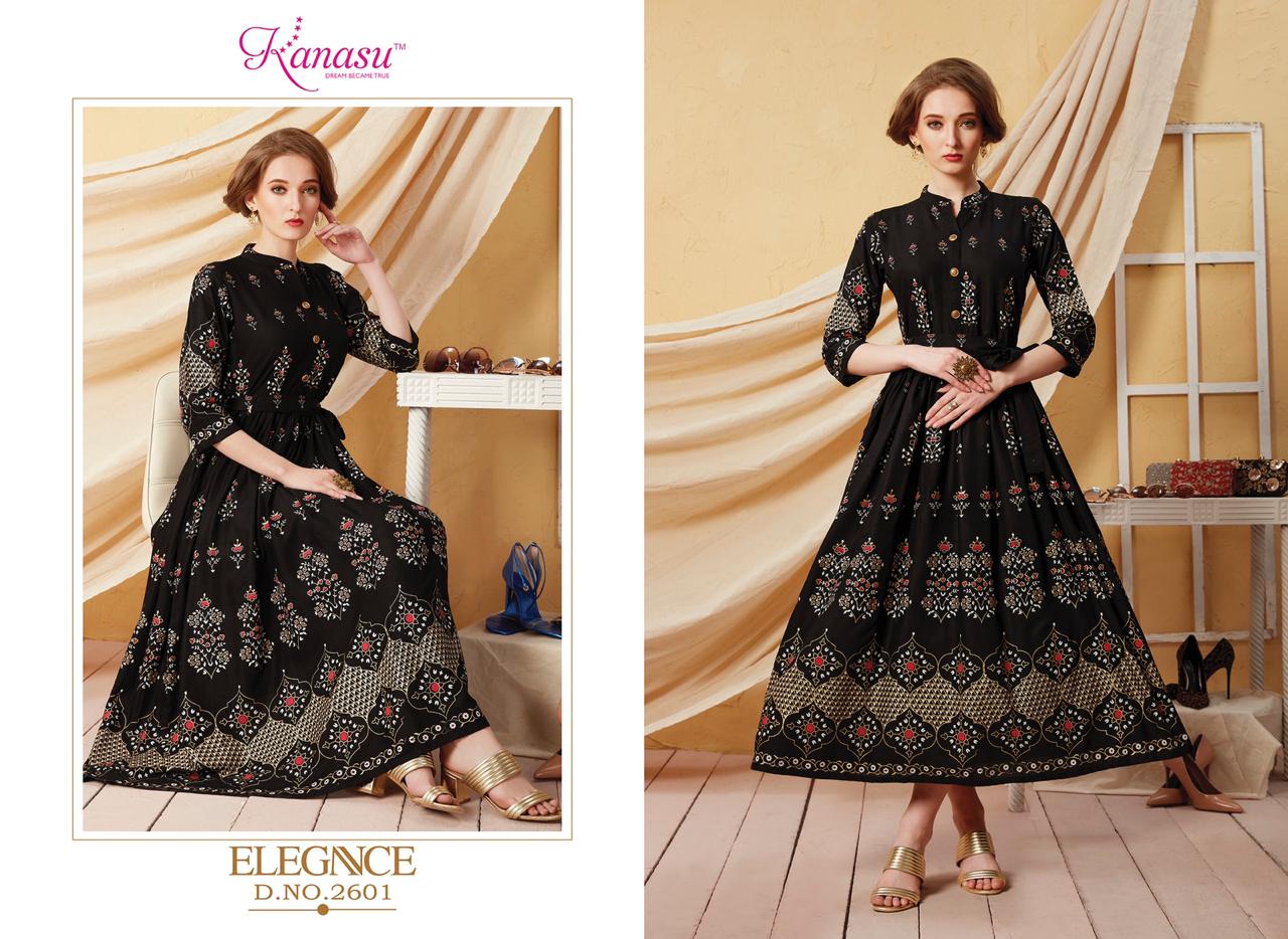 KANSU LAUNCH ELEGANCE RAYON GOLD PRINT LONG KURTI WHOLESALE RATE IN SURAT TEXTILE MARKET