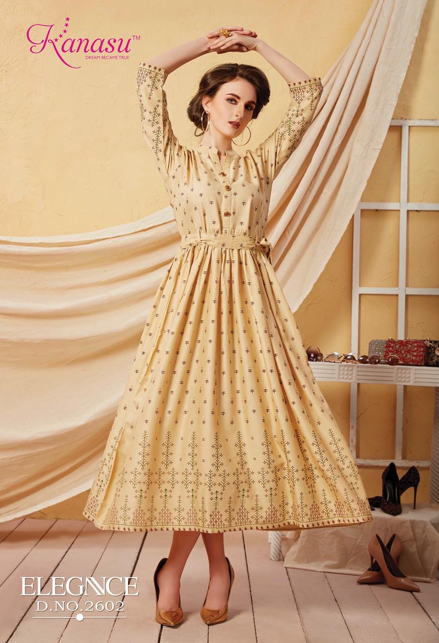KANSU LAUNCH ELEGANCE RAYON GOLD PRINT LONG KURTI WHOLESALE RATE IN SURAT TEXTILE MARKET